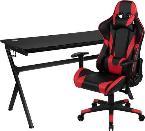Miniatura 20 de Flash Furniture Juego de escritorio para juegos negro y silla de carreras blanco/negro con soporte para tazas, gancho para auriculares y soporte