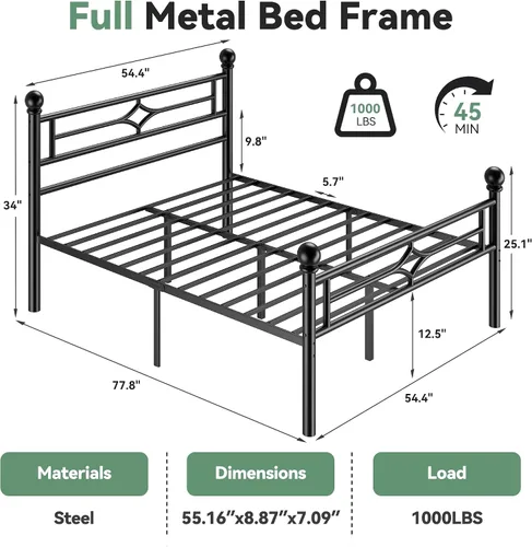 Miniatura 2 de BedsPick Base de cama matrimonial con cabecero y estribo, base de cama de plataforma de metal con bola de esquina redonda, soporte de listones