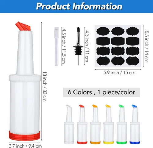 Miniatura 2 de Ruisita Paquete de 6 botellas de plástico para verter jugos de 34 onzas con 12 botellas de acero inoxidable con boquilla cónica, recipientes de jugo