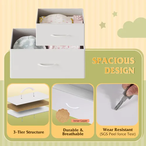 Miniatura 8 de WLIVE Cómoda blanca para dormitorio, cómoda de 5 cajones con estación de carga, cómoda de tela con estantes abiertos, cómoda de almacenamiento