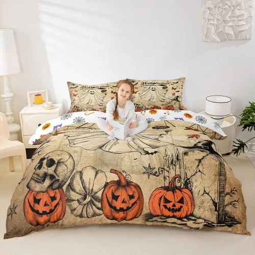 Miniatura 2 de Lindo juego de funda de edredón de fantasma, tamaño individual para niños y niñas, juego de ropa de cama de calabaza y calavera de azúcar, funda
