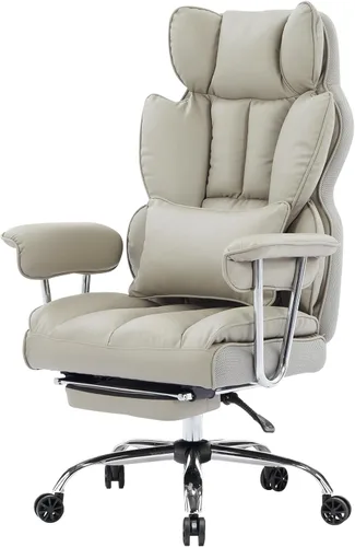 Miniatura 11 de Efomao Silla de oficina grande y alta con reposapiés, silla ejecutiva de respaldo alto de 450 libras con cojín de resorte, tapicería de piel Blanco