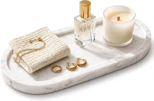 Miniatura 8 de Bandeja de tocador de mármol natural, bandejas de piedra ovaladas de lujo para joyas, perfume, velas, plato decorativo Calacatta Viola para baño