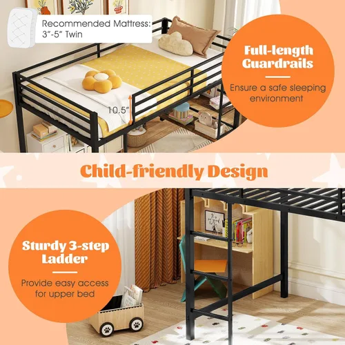 Miniatura 7 de Giantex Cama baja tipo loft tamaño individual, marco de metal resistente con estantes de almacenamiento, escalera y barandillas de longitud