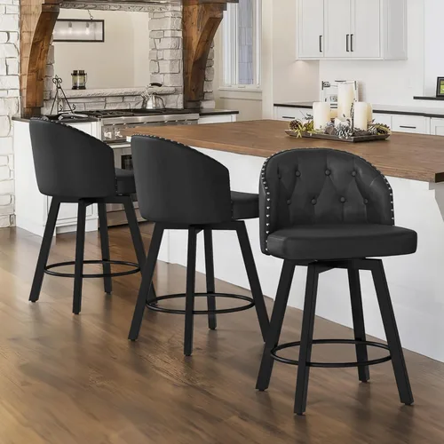 Miniatura 12 de Cozyman Taburetes de bar retro de altura de mostrador con respaldo, asientos tapizados de piel sintética giratoria de 26 pulgadas, patas de metal