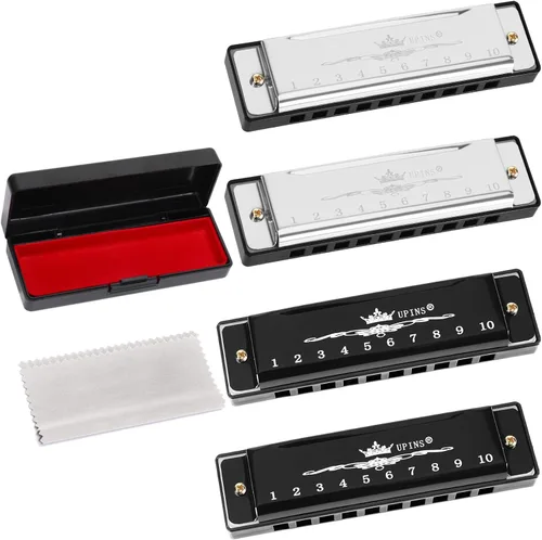 UPINS Harmonica, 4 piezas Key of C Blues 10 agujeros 20 tonos titanio color armónica con estuche paño de limpieza para principiantes (negro, plateado