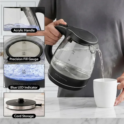 Miniatura 4 de OVENTE Hervidor eléctrico de 1.5L, calentador de agua de vidrio de borosilicato para encimera y hervidor para café o té, libre de BPA, apagado Negro