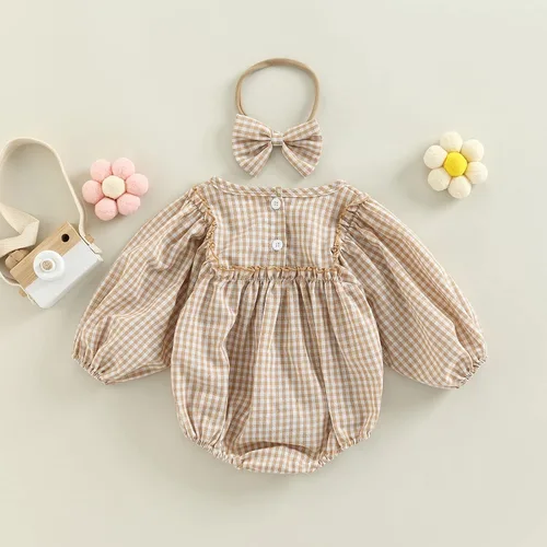 Miniatura 7 de Douhoow Mameluco a cuadros para bebé niña, sudadera con volantes, ropa para festivales de otoño e invierno con diadema