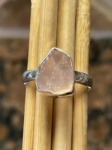 Miniatura 2 de Anillo de plata de ley sólida de cuarzo rosa rosa natural crudo 925 tamaño 6.25