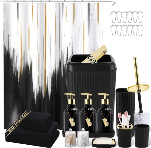 Miniatura 39 de 21PCS Bathroom Sets with Shower Curtain and Rugs Bathroom Accessories Set Beige Bathroom Set Complete with Trash Can, Toilet Brush, Qtip Holder &