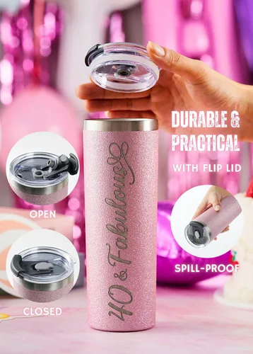 Miniatura 4 de Onebttl Regalos de cumpleaños número 40 para mujeres, mujeres, ella, 40 y fabuloso, vaso aislado de acero inoxidable con purpurina de 20 onzas