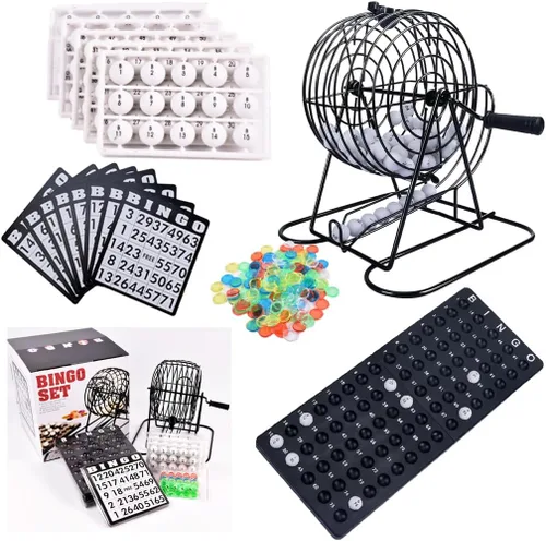 Juego de jaula de bingo para adultos y jóvenes, el juego de bingo premium incluye jaula de metal giratoria de 8 pulgadas, 75 bolas de bingo, 18