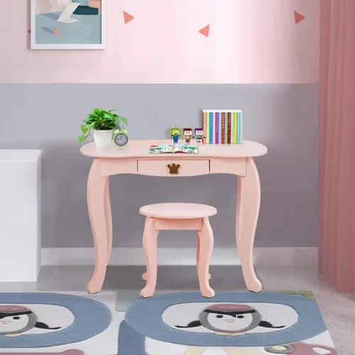 Miniatura 6 de Costzon Juego de Mesa y Silla de Tocador para Niños, Mesa de Maquillaje Princesa con Cajón y Espejo de Tres Pliegues, Juego de Tocador 2 en 1