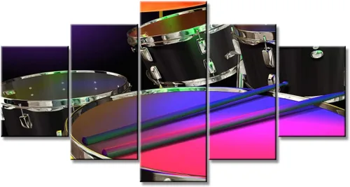 Miniatura 21 de Arte de pared en blanco y negro, kit de batería de jazz morado sobre fondo negro, pinturas de 5 paneles, lienzo, arte de pared para decoración