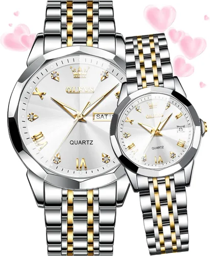 Miniatura 34 de OLEVS Reloj para parejas para él y ella, reloj analógico de cuarzo para hombres y mujeres, de acero inoxidable, impermeable, luminoso, fecha, reloj