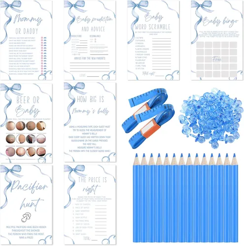 Honoson Juego de 279 piezas de juegos de baby shower con lazo azul para 50 invitados, 8 juegos incluyen Adivina mamá o papá, revuelto de palabras,