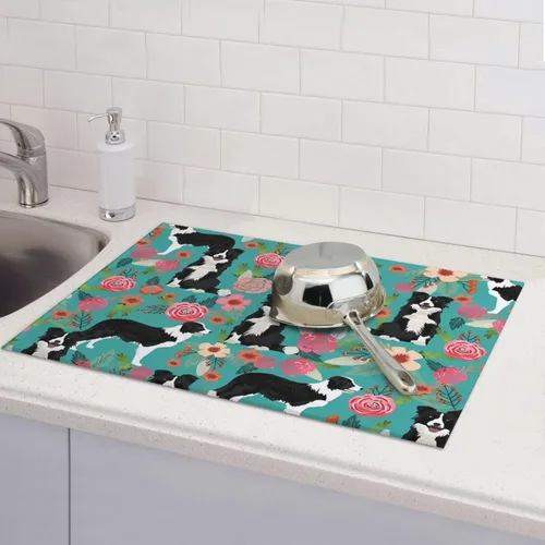 Miniatura 6 de Tapete de secado de platos para encimera de cocina, tapete escurridor antideslizante Border Collie Florals, almohadilla de secado de platos