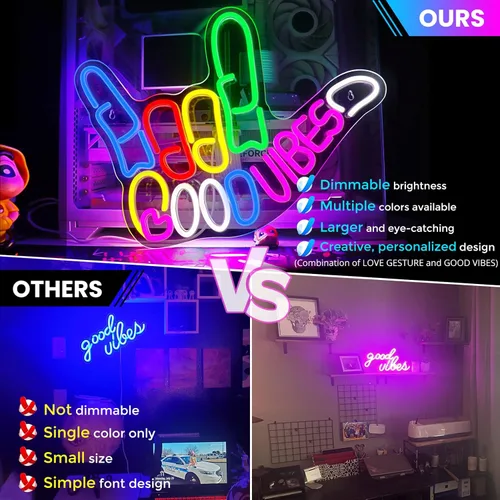 Miniatura 3 de Good Vibes - Letrero de neón regulable con interruptor de encendido/apagado, letreros de neón alimentados por USB para decoración de pared, letreros