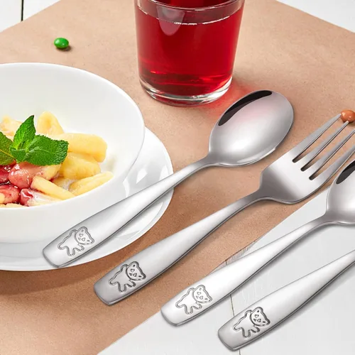 Miniatura 4 de Juego de cubiertos de 16 piezas para niños pequeños, tenedores y cucharas de acero inoxidable para niños, juego de cubiertos de metal seguro