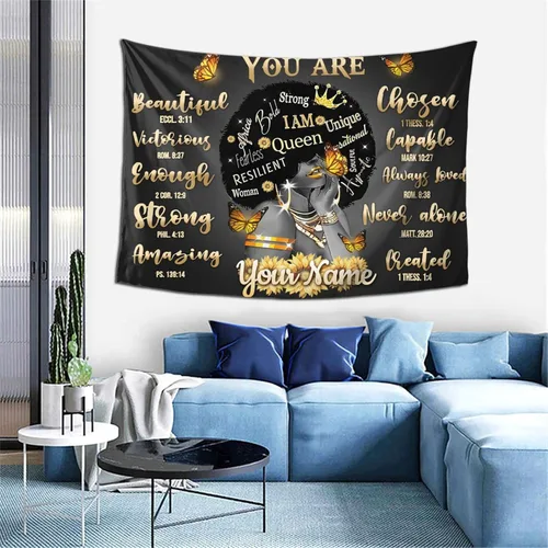 Miniatura 3 de Tapiz personalizado de niña negra con nombre personalizado afroamericano, tapiz motivacional para mujeres negras, yoga, meditación, girasol