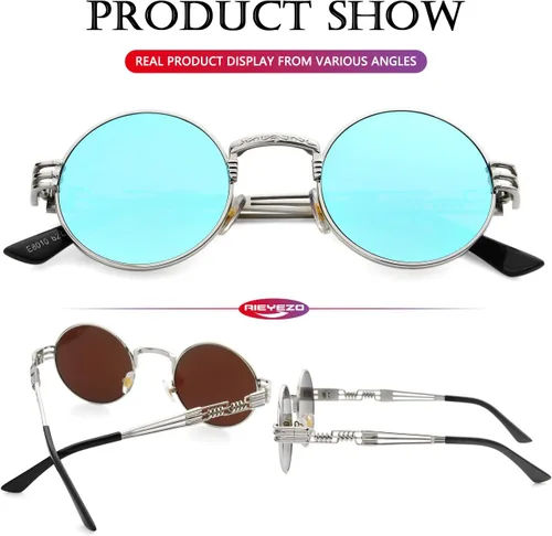 Miniatura 6 de AIEYEZO Gafas de sol redondas steampunk Circle Lennon Hippie, marco de metal, lente de bloqueo UV 100%