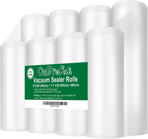 O2frepak Paquete de 8 rollos de 8 x 20 pies (4 rollos) y rollos de 11 x 20 pies (4 rollos) de bolsas selladoras al vacío sin BPA, rollos de bolsas