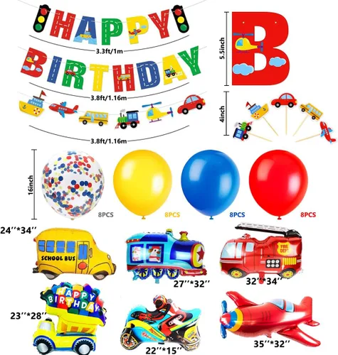 Miniatura 2 de MOVINPE Decoración de Cumpleaños de Transporte para Niños Pancarta de Feliz Cumpleaños Autos Autobús Escolar Tren Camión de Bomberos Motocicleta