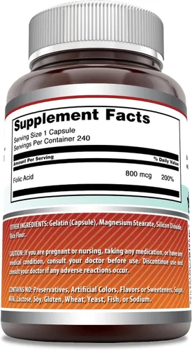 Miniatura 2 de Amazing Formulas - Ácido fólico 800 Mcg 240 cápsulas Suplemento de vitamina B9 Sin OMG Sin gluten Fabricado en Estados Unidos