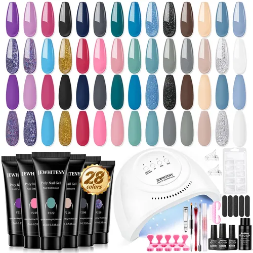 Miniatura 12 de JEWHITENY Juego de gel para uñas de polivinilo de 28 colores - 15ml tonos desnudo, rosa, marrón, negro, gris, azul, amarillo para manicura francesa