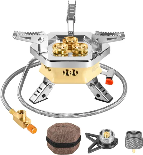 Miniatura 10 de Estufa de gas de campamento resistente al viento de 9900 W, estufa de camping portátil con encendido piezoeléctrico, adaptador de tanque de propano