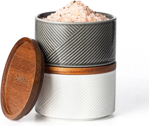Recipientes de sal y pimienta: recipiente de especias apilable de cerámica de 10 oz con tapa de madera - recipientes de almacenamiento de