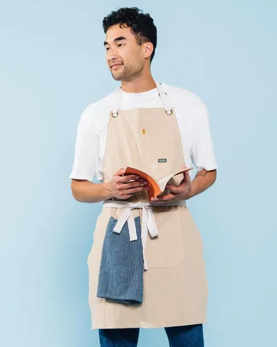 Miniatura 4 de Delantal de cocina de lino Caldo para cocinar - Delantal con peto de lino para hombres y mujeres para chef profesional, camarero o barista - Hueso