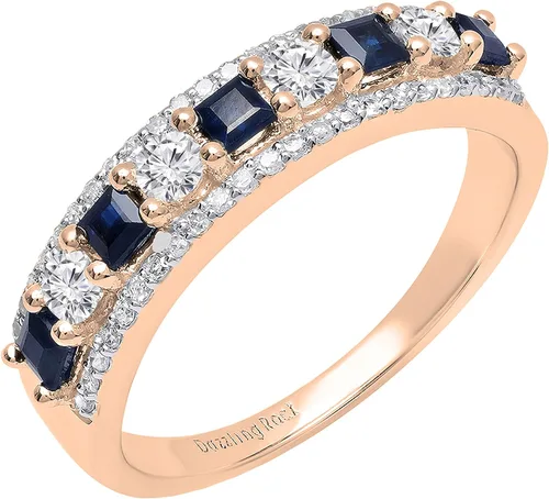 Dazzlingrock Collection Anillo de boda de 9 piedras de zafiro azul princesa y diamante blanco redondo de 0.098 in cada uno en oro de 14 quilates