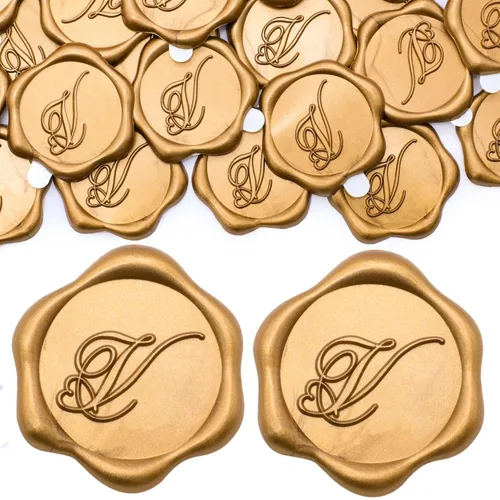 Miniatura 15 de SWANGSA Paquete de 50 calcomanías de sello de cera de letra A, diseño de corazón dorado antiguo, calcomanías de cera inicial para boda, fiesta