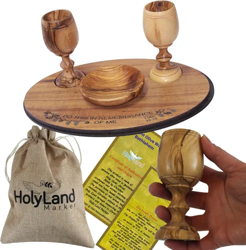 Miniatura 14 de Holy Land Market Juego de tazas y platos de comunión de madera de olivo, juego de comunión tallado a mano en Belén, para adoración de la iglesia
