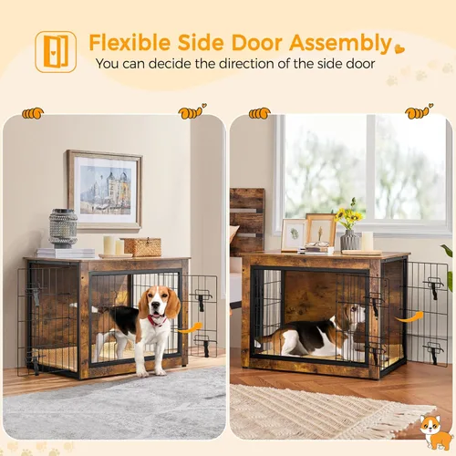 Miniatura 5 de Yaheetech 32" Mesa auxiliar de jaula para perros con cojín, jaula de madera para perros con puertas dobles/pies ajustables, mesa auxiliar lateral