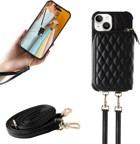 MONASAY Funda tipo cartera con cremallera compatible con iPhone 15, protector de pantalla de cristal, bloqueo RFID, funda de cuero con tarjetero y