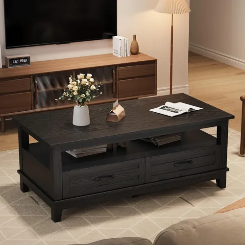 Miniatura 4 de GarveeHome - Mesa de café de estilo granja con cajones, mesa de centro rústica de 47.2 pulgadas, mesa de sala de estar negra, con estante abierto