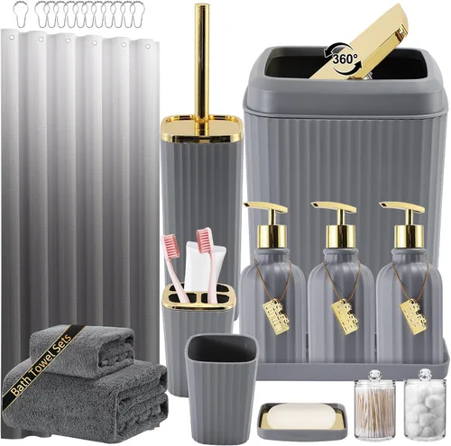 Miniatura 55 de 21PCS Bathroom Sets with Shower Curtain and Rugs Bathroom Accessories Set Beige Bathroom Set Complete with Trash Can, Toilet Brush, Qtip Holder &