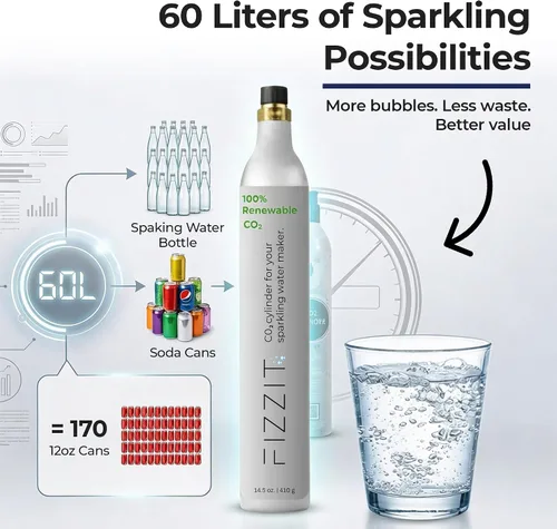 Miniatura 4 de FIZZIT - Cilindro de CO2 roscado de 60 litros – Recipiente recargable de 60 litros compatible con todas las corrientes de soda "atornilladas