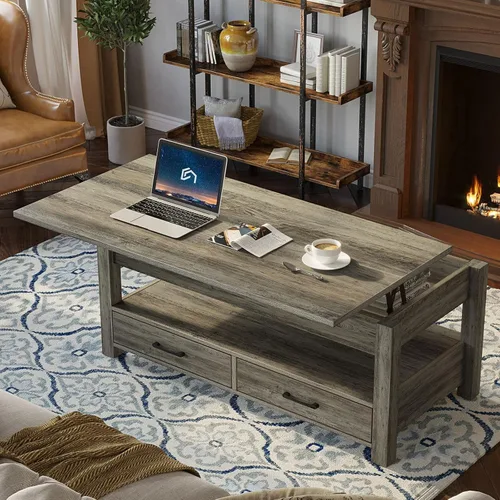 Miniatura 2 de Rolanstar - Mesa auxiliar, mesa de centro de 47.2 pulgadas con cajones y compartimento oculto, mesa central retro con tablero de elevación de Washed
