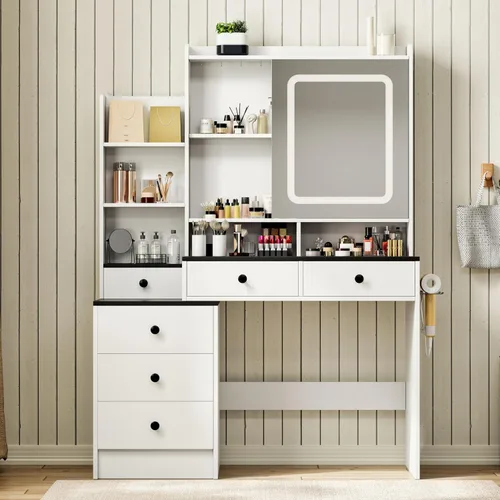 KAMABOKO Escritorio de tocador con luz y espejo, mesa de maquillaje blanca con cajones y estación de carga, 3 modos ajustables para dormitorio y 042