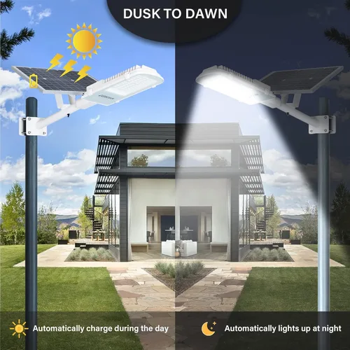 Miniatura 4 de Gebosun Farola solar, luces LED solares de 100 W, funciona desde el atardecer hasta el amanecer, 8600 lm, 6000 K, IP65 impermeable, montado