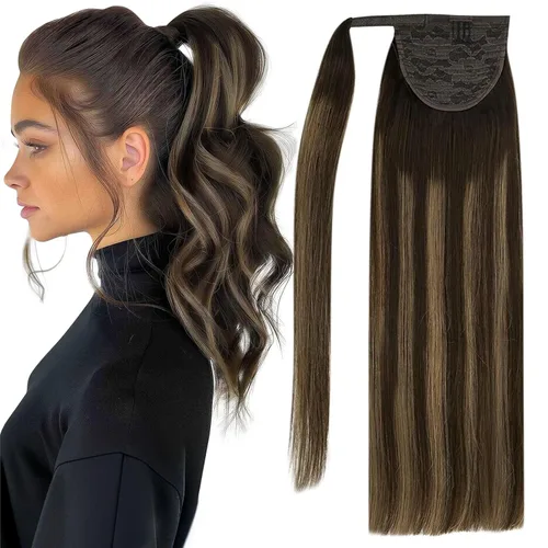 Miniatura 10 de Full Shine - Extensión de cola de caballo con clip, color marrón oscuro con mechas rubio miel, extensión de cabello humano real para mujeres, 14