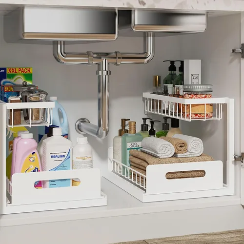 Miniatura 8 de REALINN Organizador para debajo del fregadero, armario extraíble de almacenamiento de 2 niveles, estante deslizante para fregadero, organizadores