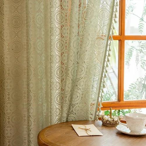 Miniatura 50 de YJ YANJUN - Cortinas de café boho, 24 pulgadas de largo, 2 paneles, cada una de 59" de ancho x 24" de largo, beige, con crochet, cortinas de cocina
