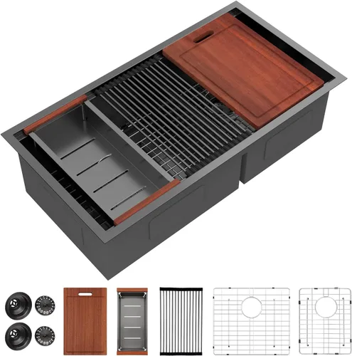 Miniatura 11 de Sarlai 28 Fregadero de cocina bajo encimera de doble tazón - Fregadero bajo encimera de acero inoxidable de 28x19 pulgadas de calibre 16, con repisa