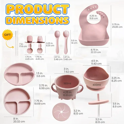 Miniatura 2 de HippoBaby Suministros de destete para bebés Juego de alimentación para bebés de silicona de 10 piezas, babero para bebé y niño pequeño, taza