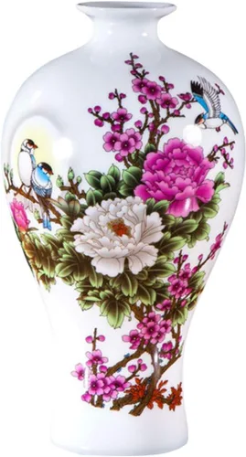 Miniatura 11 de Jarrón de cerámica blanco chino, Jingdezhen Birds Peony Flower Jarrones de porcelana blanca Decoración para el hogar B5