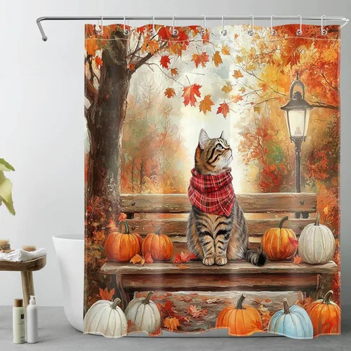 Miniatura 25 de HVEST Cortina de ducha de Halloween, linterna de calabaza y gnomo, cortina de ducha de baño, cortina de ducha de murciélago y araña, decorativa